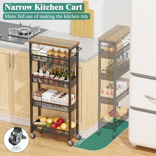 Giwil Slim Storage Cart 5 Tier Narrow Kitchen Rolling Cart on Wheels for Small Space, Metal Utility Cart Narrow Bathroom Storage Cabinet Mobile Shelf Unit Organizer with Wood Top and Handle, Black - Image 2