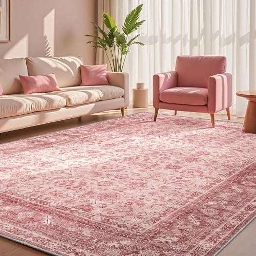 OPPODREAM Vintage Pink Area Rugs 10x14, Washable Rug for Living Room by OPPODREAM