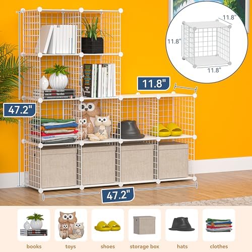 Cube Storage Organizer, Metal 12-Cube Shelves Bookshelf, Portable Closet Clothes Organizer for Bedroom, Home, Office, White - Image 3