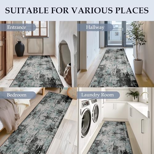 RELEANY Washable Runner 2'x6' Abstract Area Rug for Hallway Teal Black - Image 4