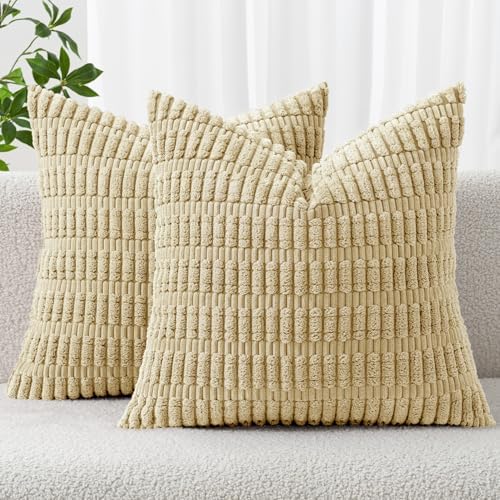 MIULEE Corduroy Decorative Throw Pillow Covers 18x18 Beige Pack of 2 by MIULEE