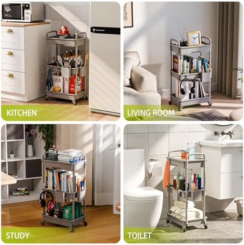 Sorgion 3 Tier Rolling Cart Organizer,Laundry Room Bathroom Organizers and Storage Office Shelves Mobile Shelving Unit Kitchen Trolley Cart with Wheels for Art,Craft,Diaper,Bedside,Snack(Grey) - Image 6