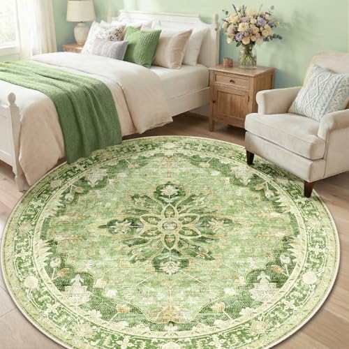 RELEANY Washable Area Rug, Round 6ft, Green/Yellow - Image 2