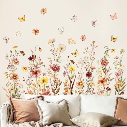 Supzone Boho Flower Wall Decals Wildflower Butterfly Grass Wall Stickers | Peel and Stick Autumn Floral Vinyl Stickers for Girls Bedroom Living Room TV Sofa Backdrop Fall Home Decorations - Image 4