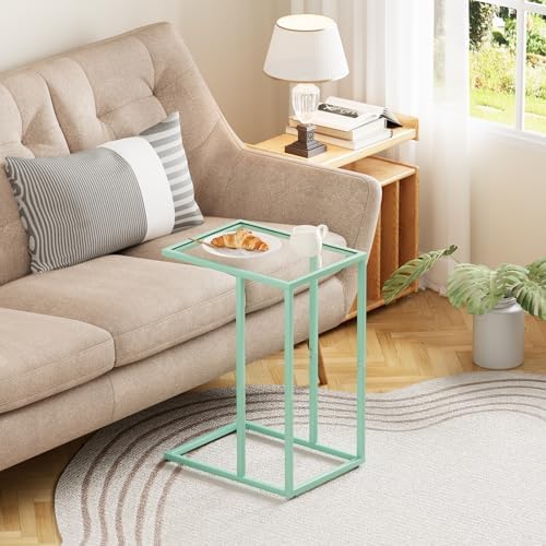 Easy Paws C Shaped Table,Glass Side End Table for Sofa,Tempered Glass Snack Couch Dinner Tv Tray Table with Metal Frame,Small Bedside Nightstand Table for Small Space(Green) - Image 6