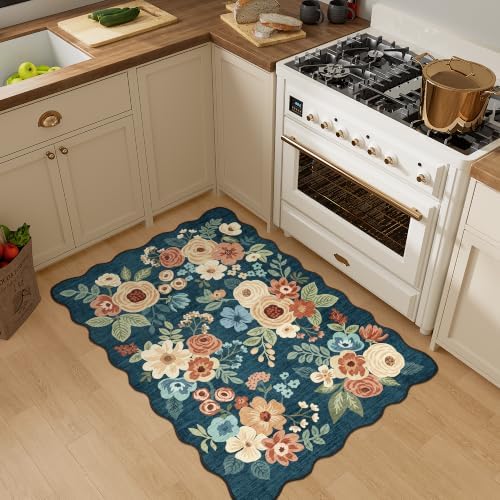 DUKINO 2x3 Rug for Entryway, Floral Door Mat Washable Rug, Prussian Blue - Image 5