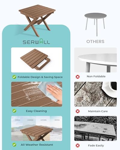 SERWALL Small Folding Side Table, HDPE Outdoor End Table, Brown - Image 7