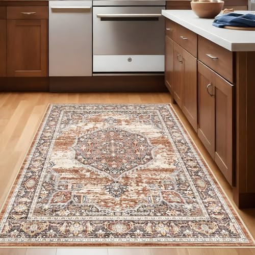 YOUFORTONG Area Rug 3x5 for Living Room: Soft Ultra Thin Low Pile Mat Machine Washable Indoor Doormat Lightweight Entry Rug Anti Slip Backing Rugs for Bedroom Kitchen 3'x5' Brick - Image 2