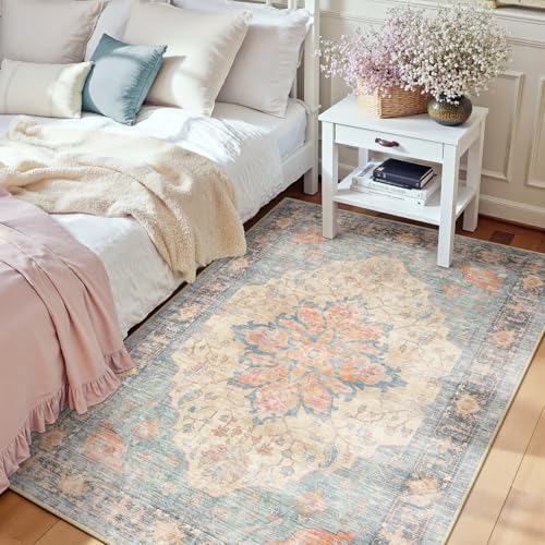 RELEANY Washable Area Rug, 3'x5', Blue/Orange/Red by RELEANY