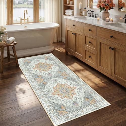 RELEANY Washable Area Rug, Runner 2'6"x5', Beige/Carbon Grey/Orange by RELEANY
