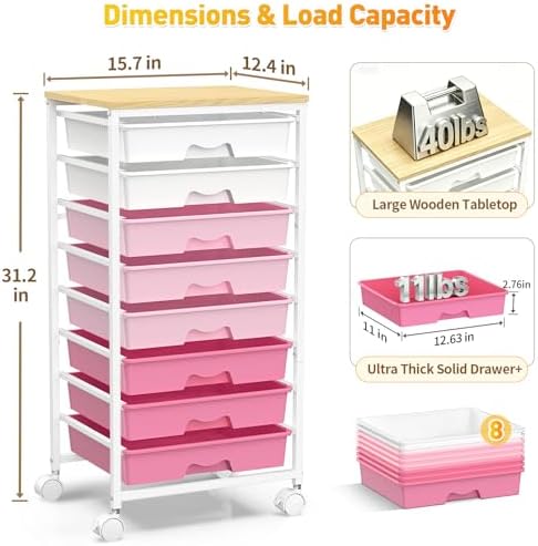 SUNALLY Rolling Cart With 8 Drawers, Storage Drawer Cart for Craft Art,Pink - Image 2