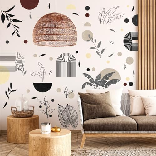 Boho Abstract Art Wall Stickers Geometric Leaves Wall Decals Peel and Stick | Mid-century arch leaf decal, removable, self adhesive, vinyl wall art mural, for living room bedroom office home decorations by Kazova