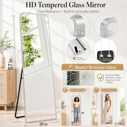 57x20" Full Length Mirror Floor Stand,Over the Door,Wall Mounted Silver - Image 2