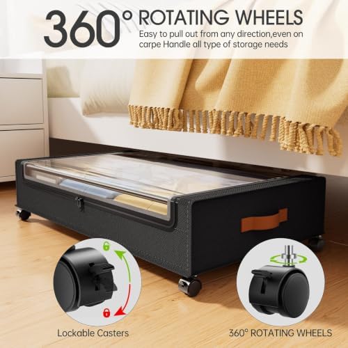 Yecaye Under Bed Storage with Wheels 60L, 2 Pack Under Bed Storage Containers, Underbed Shoe Storage with Clear Window & Label, Rolling Under Bed Metal Drawer for Clothes, Shoes, Books, Black - Image 3