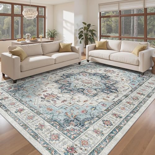 Madane 8x10 Area Rugs for Living Room, Non-Slip Vintage Washable Rug, Blue - Image 3