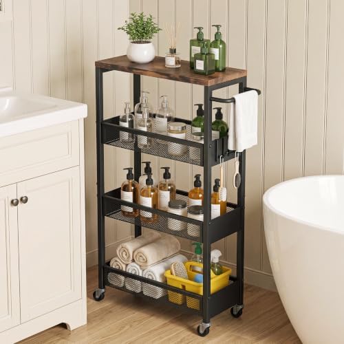 Vincona 7.1" Wide Slim Rolling Utility Cart, 4 Tier Metal Narrow Storage Cart with Handle and Wood Top, Multifunctional Small Mobile Shelf Unit Organizer Trolley for Laundry, Bathroom, Kitchen by Vincona