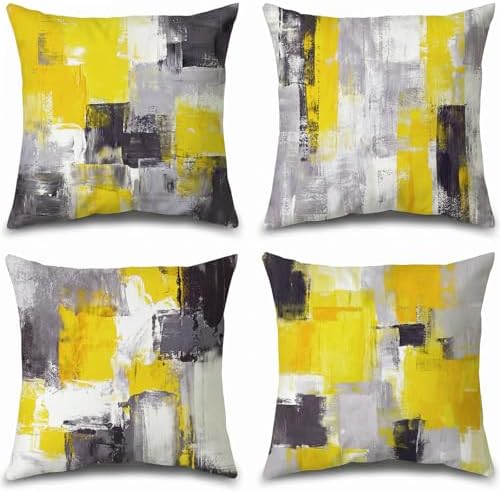 Yellow Grey Abstract Throw Pillow Covers 18x18 Set of 4 by Balaena