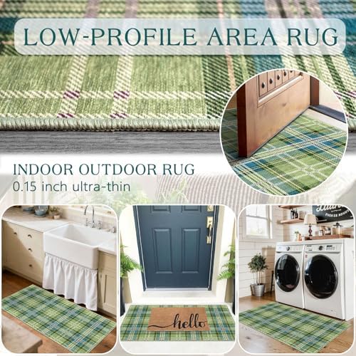 Front Door Mat Indoor Entrance - 2x4.3 Green Teal Tartan Plaid Rug - Image 4