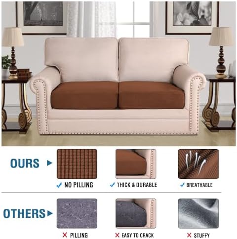 H.VERSAILTEX Super Stretch Individual Seat Cushion Covers Sofa Covers Couch Cushion Covers Slipcover Sets Thick Jacquard Textured Twill Fabric (2 Piece Medium Sofa Cushion Covers, Caramel) - Image 2