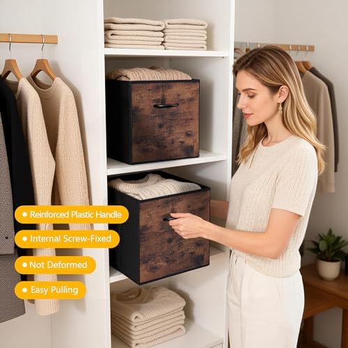 WUIKE 13-Inch Rust Brown Cube Storage Bins, Wood Print Front, 4-Pack - Image 5