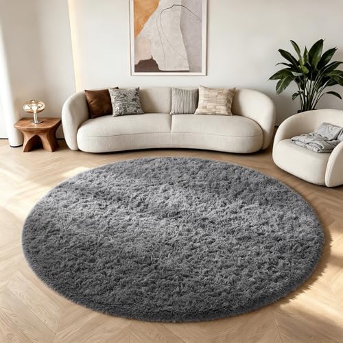 Ophanie Round Rug 6Ft Grey Circle Area Rugs,Fluffy Fuzzy Large Bedroom Carpet 6 Foot,Plush Shag Solid Indoor Floor Gray Living Room Circular Decor for Kids Teen Boys Baby,with Over 99 pcs Pile fibers - Image 5