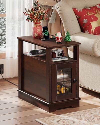 WLIVE Farmhouse End Table with Charging Station, Narrow Side Table with Storage, Small Nightstand with USB Ports and Outlets ，Bedside Cabine for Bedroom, Living Room,Espresso - Image 2