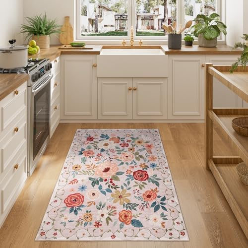 DUKINO 3x4 Area Rug, Floral Washable Rug for Kitchen Non Slip, Beige - Image 3