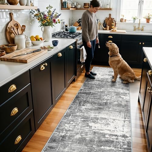 Washable 2X10 Kitchen Area Rug: Entryway Abstract Rug Runner Soft Bedroom Besides Floor Mat Non-Slip Indoor Farmhouse Carpet for Bathroom Living Room Stain Resistant Runner for Family(2x10,Black/Grey) by HYHAOYUNLAI
