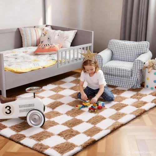 Ophanie Checkered Beige & White Rug for Living Room Bedroom,Fluffy Soft Cute Fuzzy Area Rugs,Shag Plush Shaggy Bedside Floor 4x6 Furry Carpet Kids Baby Teen Dorm Decor with Over 99 pcs Pile fibers - Image 5