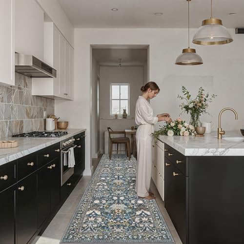 Hallway 3x10 Washable Runner Rug: Kitchen Rugs Entryway Area Rugs Vintage Soft Floor Mat Non Slip Indoor Farmhouse Carpet for Bathroom Living Room Bedroom Printed Rug for Family(3x10 Floral/Blue) by HYHAOYUNLAI