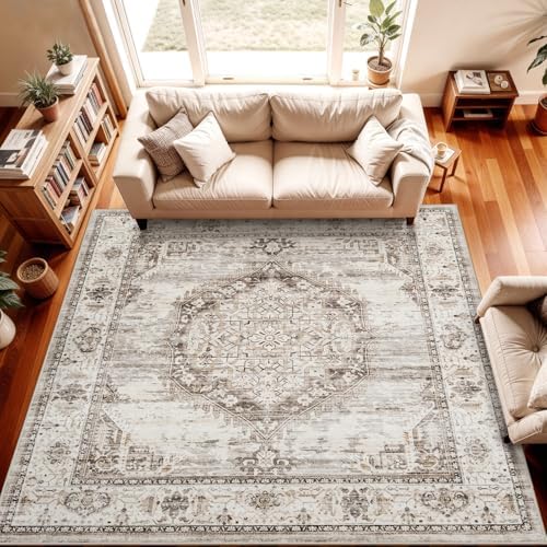 7x7 Area Rug Washable Living Room Rugs: 7ft Square Ultra Thin Soft Oriental Area Rugs Non-Slip Backing Farmhouse Rug Low Pile Thin Stain Resistant Indoor Carpets, 7' x 7' Beige - Image 2