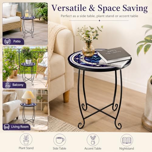 Small Mosaic Outdoor Side Table, 15-Inch Round Metal Patio Table - Image 4