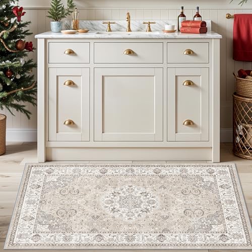 Washable Hallway 3x4 Floor Mats: Farmhouse Non-Slip Kitchen Sink Area Rug Water-Resistant Small Carpet for Living Room Bathroom Thin Soft Doormat Easy-Clean Decorative Rug for Pets Family(3x4,Beige) - Image 5