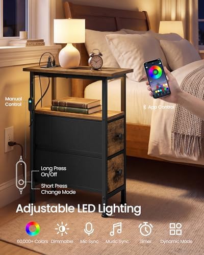 SONGMICS Side Table with LED Light, Narrow End Table with 2 Fabric Drawers - Image 6