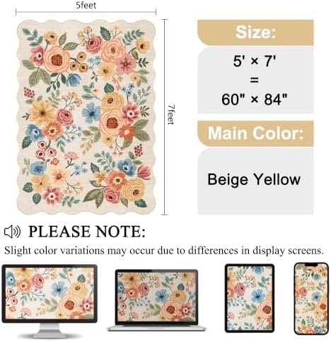 DUKINO 5x7 Area Rugs for Bedroom, Floral Washable Rug Non Slip Beige Yellow - Image 2