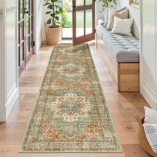 Madane Washable Hallway Runner Rug 2x8 Kitchen Runners, Brick/Brown/Green - Image 2