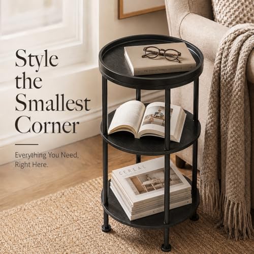 Small Round Side Table with Tray Top, 11.8" Narrow End Table, Black - Image 4