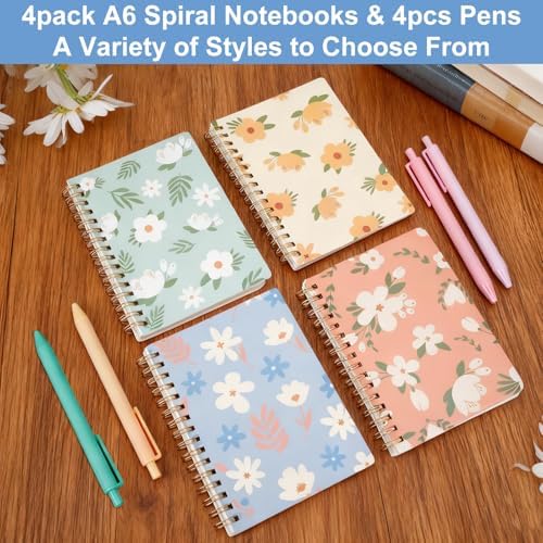 4pack A6 Spiral Notebooks with 4pcs Pens, 5.7x4.1 Inch Small College Ruled Notepads, 80 Sheets Mini Floral Journals Diary Memo Planner for Women Gift Office School Supplies (160 Pages) - Image 6