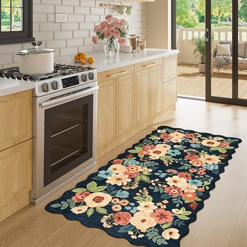 DUKINO 2x4 Rug for Entryway, Floral Washable Kitchen Rugs, Navy Blue - Image 3