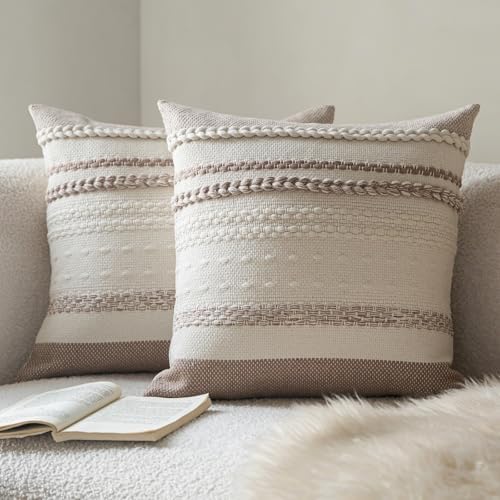 Cethom Boho Throw Pillow Covers 20x20 Inch Set of 2, Khaki Textured Decorative Couch Pillow Cases for Farmhouse Home Decor, Accent Cushion Cover for Sofa, Bed, Living Room, Bedroom by Cethom