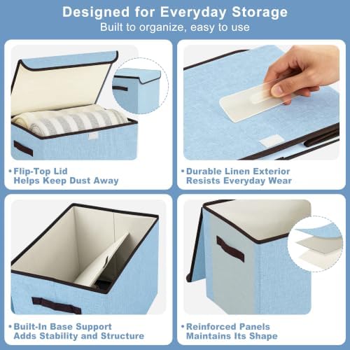 Bagnizer Foldable Storage Bins with Lids, Decorative Storage Baskets, Large Storage Boxes for Home, Office, Bedroom, Closet, Blue, Medium, 4 Pack 14.6 x 9.5 x 9.5” - Image 6