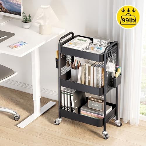 TOOLF 3 Tier Rolling Cart, Metal Utility Storage Cart with Pegboard, Black | 2 Bins & 4 Hooks, Screwless Assembly, Lockable Wheels, Trolley Organizer for Bathroom, Kitchen, Office, Dorm, Craft Room - Image 2