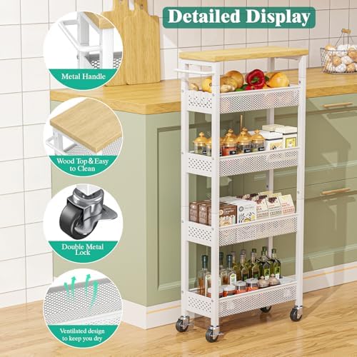 Giwil Slim Storage Cart 5 Tier Narrow Kitchen Rolling Cart on Wheels for Small Space, Metal Utility Cart Narrow Bathroom Storage Cabinet Mobile Shelf Unit Organizer with Wood Top and Handle, White - Image 5