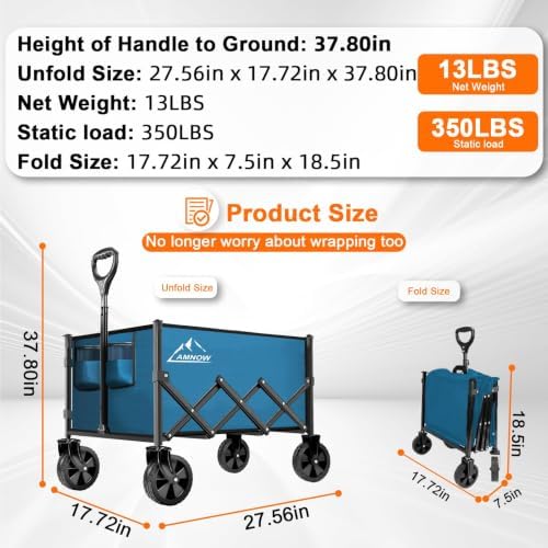 AMNOW 100L Collapsible Wagon Cart with All Terrain Wheels, 350LBS, Blue - Image 2