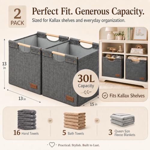 KAKAMAY Fabric Cube Storage Bin, Fits Kallax Shelf 13x15x13 2PK Dark Grey - Image 3