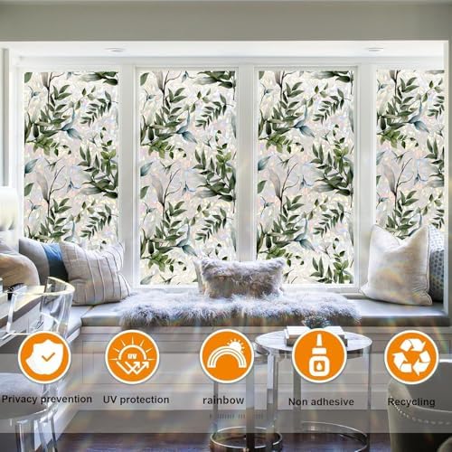 Watercolor Privacy Window Film Laser Suncatcher Static Cling Vintage Seamless Repeat Glass Decal Bathroom Non-Adhesive Removable Cover - Image 6