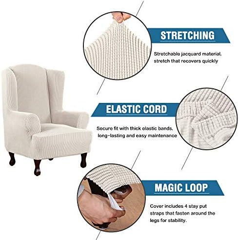H.VERSAILTEX Wing Chair Slipcover Chair Covers for Wingback Chairs Wingback Chair Covers Slipcovers 1 Piece Stretch Sofa Cover Furniture Protector Soft Spandex Jacquard Checked Pattern, Ivory - Image 3