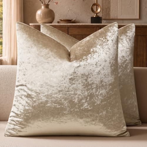 GIGIZAZA Crushed Beige Velvet Throw Pillow Covers 18x18 Pack of 2 by GIGIZAZAFocusingonhomedecoration