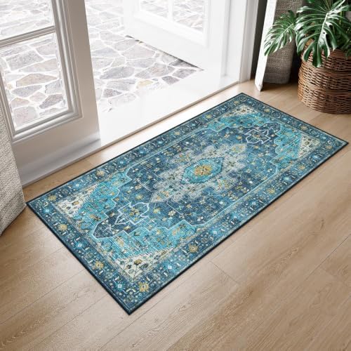 Moynesa 2x4 Teal Vintage Floral Medallion Runner Rug - Machine Washable, Non-Slip, Low Pile, Indoor Use Only by Moynesa