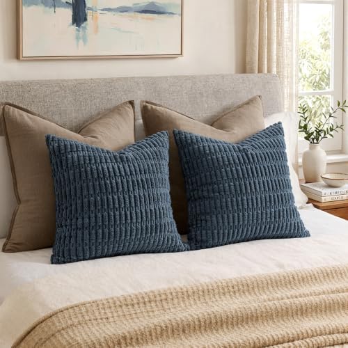 MIULEE Corduroy Decorative Throw Pillow Covers 16x16 Blue Pack of 2 - Image 5
